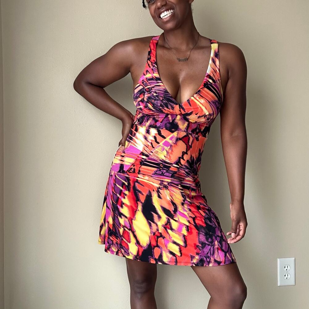 Bisou Bisou Purple Multicolor Print Crossback Dress Size 6